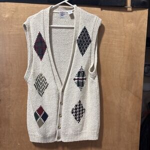 CAPE ISLE KNITTERS Men's Vintage Cream Knit Argyle Button Sweater Vest Sz Large